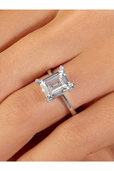 Nilvera Kuyumculuk 14 Ayar Altın Büyük Taşlı Baget Tektaş Yüzük, Aydınlatmalı...