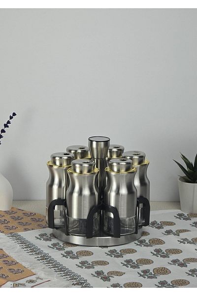 HomeTarz Stainless Steel Shielded Spice Rack Set - Spice Rack Set with Swivel Stand - 7 Pieces
