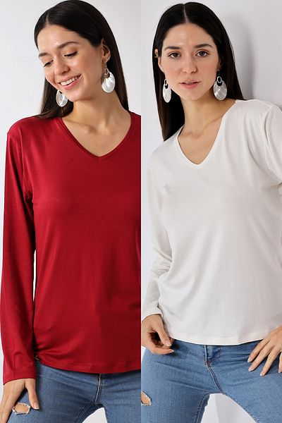 Devinka Women's 2 Pack V-Neck Oversize Basic Long Sleeve T-Shirt