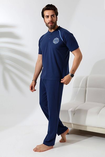LadyMina Pijama Μπλε Comfort Διπλό Ανδρικό Σετ Πυτζάμες - Κοντό μανίκι
