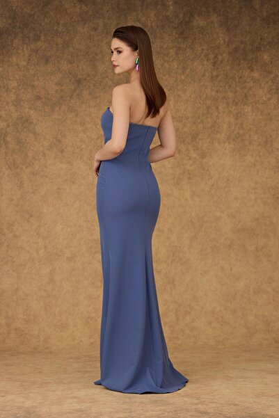 Carmen İndigo İşlemeli Yırtmaçlı Krep Abiye Elbise