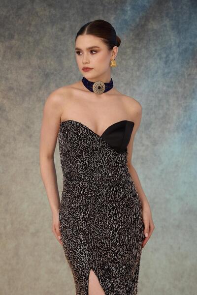 Carmen Siyah Gold Straplez Şallı Payetli Abiye Elbise