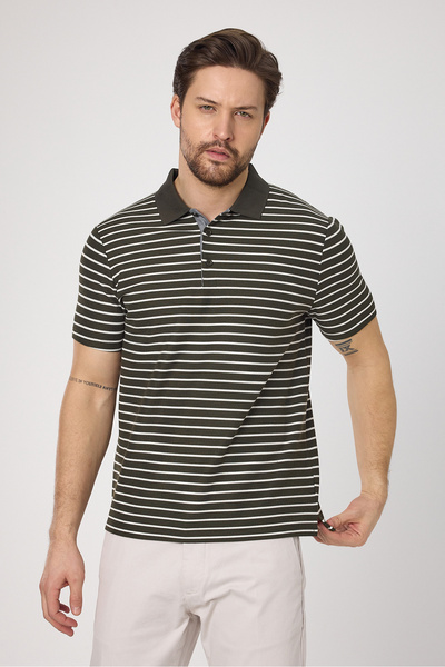 Frappoli Ανδρικό μπλουζάκι Violes με ριγέ λεπτή εφαρμογή 100% βαμβακερό χακί γιακά πόλο