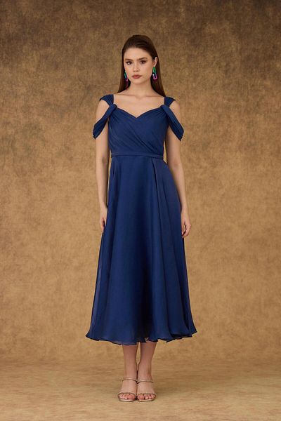 Carmen Navy Blue Low Sleeve Satin Promise Dress