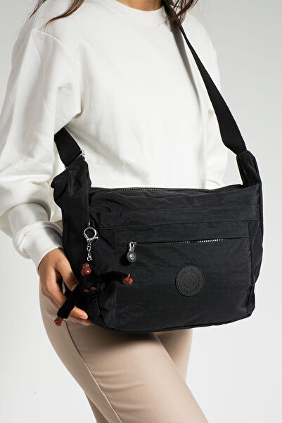 Morpelikan Women's Water Resistant Fabric Multi-Compartment Cross Strap Dark Black Color School Travel and Shoulder Bag