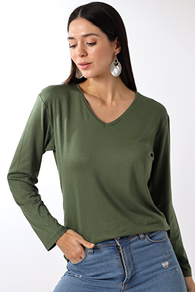 Devinka Women's 2 Pack V-Neck Oversize Basic Long Sleeve T-Shirt