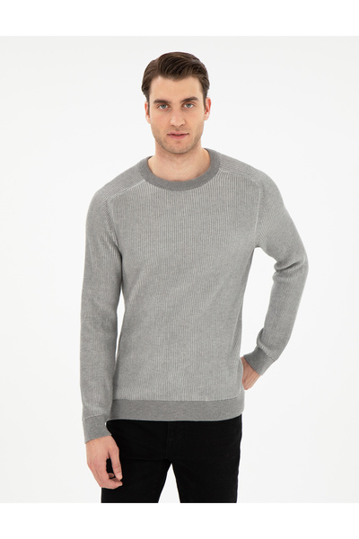 Pierre Cardin Açık Gri Melanj Slim Fit Bisiklet Yaka Triko Kazak 50297117-VR091