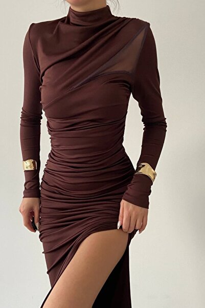 bayansepeti S pružnou pískovou tkaninou – večerní šaty Midi s vysokým výstřihem a rozparkem s dlouhým rukávem 291