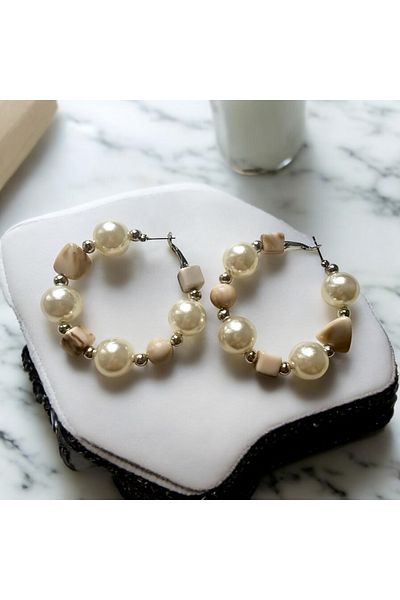 alsaccessories Women's Ball Pearl and Cream Color Bead Detailed Hoop Earrings