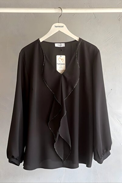 Hanezza Büyük Beden Şık Fırfırlı Abiye Bluz - İğne Oyası Boncuk Detaylı - Jes...