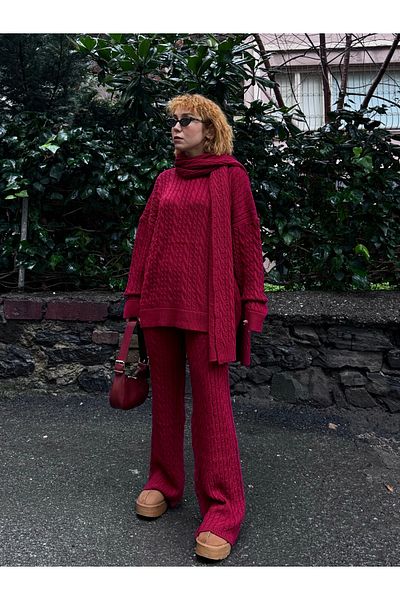 Bak'ap Premium 3-Piece Soft Knitwear Pants and Sweater Set with Scarf and Hair Braid