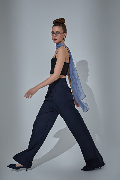 NEWCO Wide Leg Palazzo Fabric Trousers Navy Blue