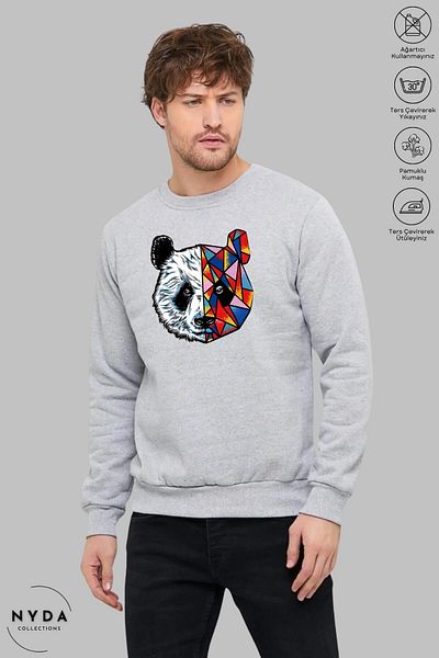 Nyda Collections Unisex μακρυμάνικο πολύχρωμο φούτερ Panda με στάμπα με λαιμόκοψη χωρίς κουκούλα