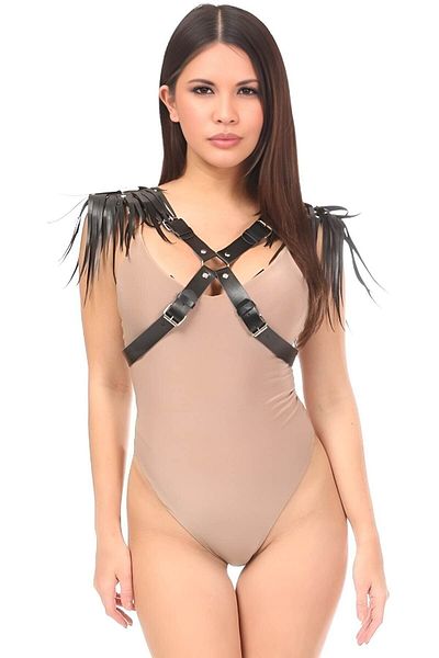 Angels Passion Leather Harness - T-Shirt Belt with Tassels and Cross Design over the Shoulder