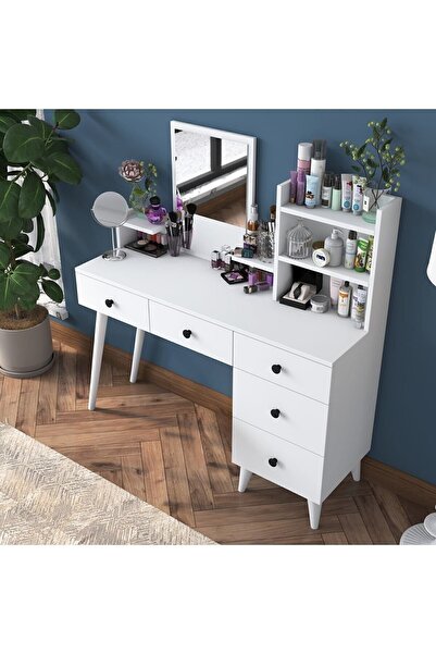 Rani Mobilya Bj101 Makyaj Masası 5 Çekmeceli Raflı Aynalı Takı Düzenleyici Beyaz