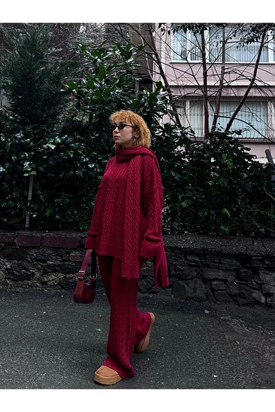 Bak'ap Premium 3-Piece Soft Knitwear Pants and Sweater Set with Scarf and Hair Braid