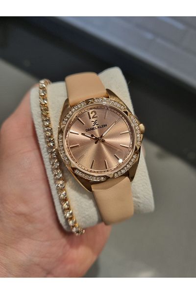 Daniel Klein - New Model Pink Leather Stone Women's Wrist Watch+Gift Bracelet