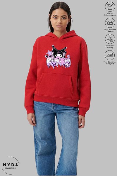 Nyda Collections Anime Kuromi Printed Long Sleeve Hoodie - Hooded Raster Oversize Cotton Women's Sweatshirt