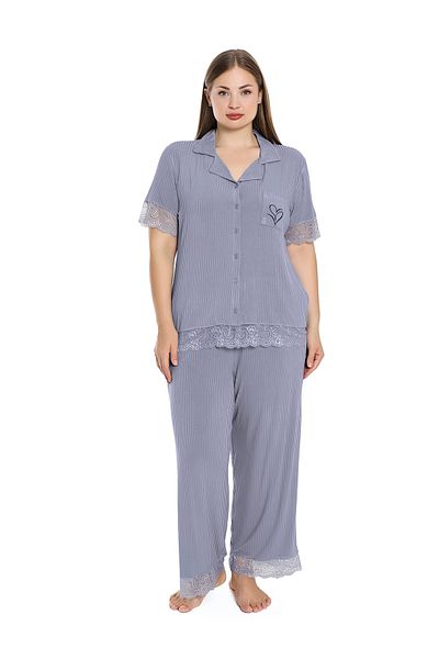 Cotpark Set pijamale cu guler de cămașă cu mânecă scurtă din bumbac pieptănat din viscoză - Mărime mare 19051-B