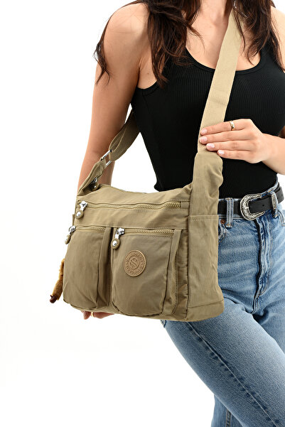 Morpelikan Women's Large Size Compartment Water Resistant Crinkle Fabric Sand Khaki Colored Shoulder Bag