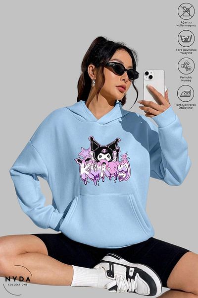 Nyda Collections Anime Kuromi εμπριμέ μακρυμάνικο φούτερ με κουκούλα - Μεγάλο βαμβακερό γυναικείο φούτερ με κουκούλα