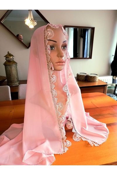yörük tuhafiye Needle Lace Handmade Prayer Headscarf, Mevlüt Cover Headscarf, Powder Color, Hand Made