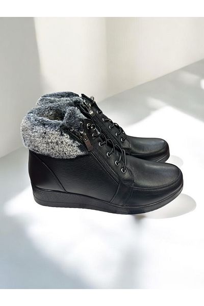 SHOUGO Full Orthopedic Genuine Leather Non-Slip Sole Smart Lace up Mother Boots with Fur Inside