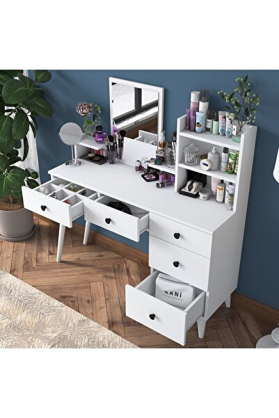 Rani Mobilya Bj101 Makyaj Masası 5 Çekmeceli Raflı Aynalı Takı Düzenleyici Beyaz