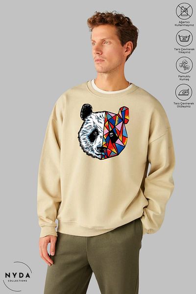 Nyda Collections Unisex μακρυμάνικο πολύχρωμο φούτερ Panda με στάμπα με λαιμόκοψη χωρίς κουκούλα