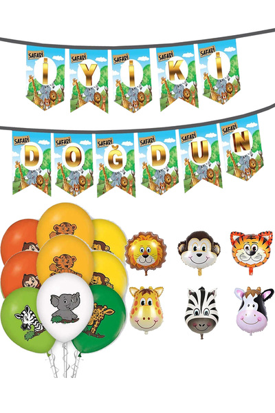 Parti dolabı Safari Hayvanlar Balonlu Doğum Günü Süsleri Seti