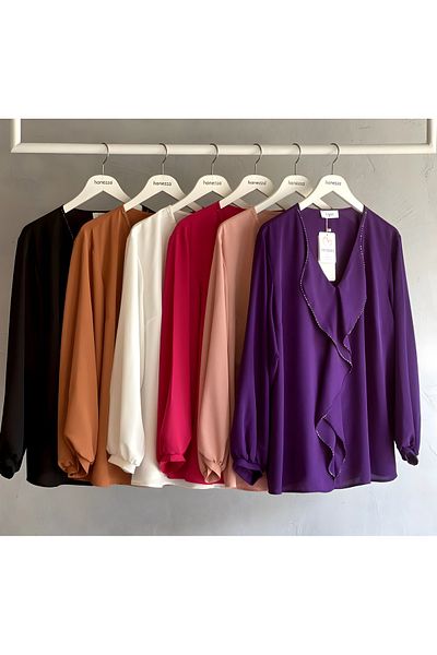 Hanezza Bluză de rochie de seară elegantă cu volane de mărime mare - Detaliu cu mărgele cu ac - Jessica Fabric