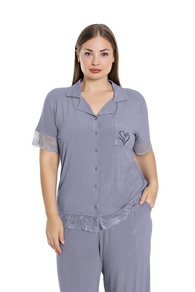Cotpark Set pijamale cu guler de cămașă cu mânecă scurtă din bumbac pieptănat din viscoză - Mărime mare 19051-B