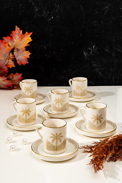 MEST 12 Parça 6 Kişilik Porselen Palmiya Piramit Gold Kahve Fincan Seti – Zar...