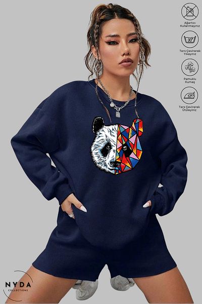 Nyda Collections Unisex μακρυμάνικο πολύχρωμο φούτερ Panda με στάμπα με λαιμόκοψη χωρίς κουκούλα