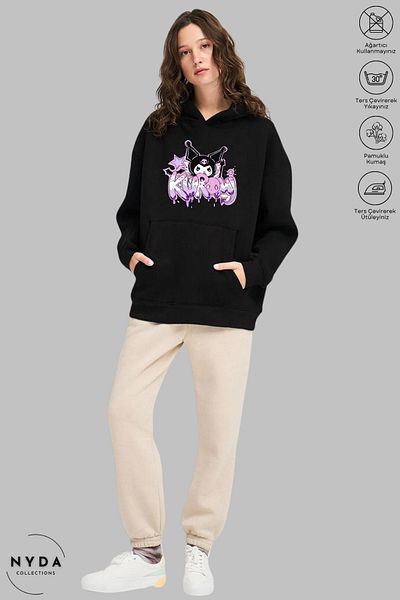Nyda Collections Anime Kuromi Printed Long Sleeve Hoodie - Hooded Raster Oversize Cotton Women's Sweatshirt
