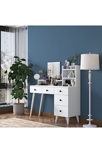 Rani Mobilya Bj101 Makyaj Masası 5 Çekmeceli Raflı Aynalı Takı Düzenleyici Beyaz