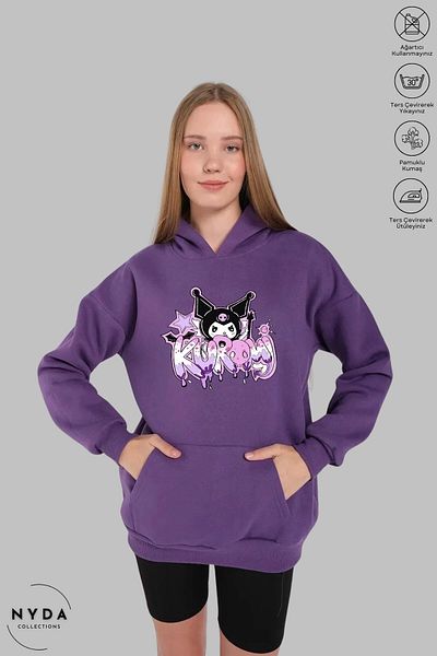 Nyda Collections Anime Kuromi Printed Long Sleeve Hoodie - Hooded Raster Oversize Cotton Women's Sweatshirt