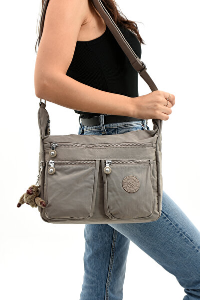 Morpelikan Women's Large Size Compartment Water Resistant Crinkle Fabric Sand Colored Shoulder Bag