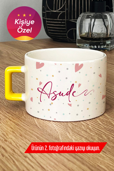 Hedizu Kişiye Özel Kalp Desenli İsim Lüks Fincan Sarı Sevgiliye Hediye Y6W S9X