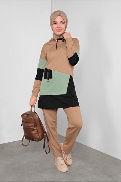 TRENDTESETTÜR Γυναικείο Σετ Φούτερ Καφέ (CAMEL) Χρώμα 2 τεμαχίων με παντελόνι 5255