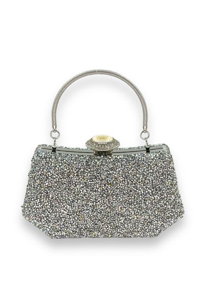 Generic Brand Silver Gray Lame Color Stone Pearl Metal Handle Evening Dress B...