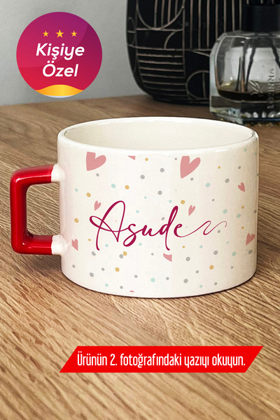 Hedizu Kişiye Özel Kalp Desenli İsim Lüks Fincan Kırmızı Sevgiliye Hediye