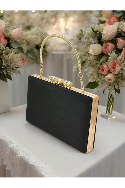 MidStore Black Color Imported Striped Satin Crystal Stone Metal Handle Chain Evening Dress Bag Wedding Engagement