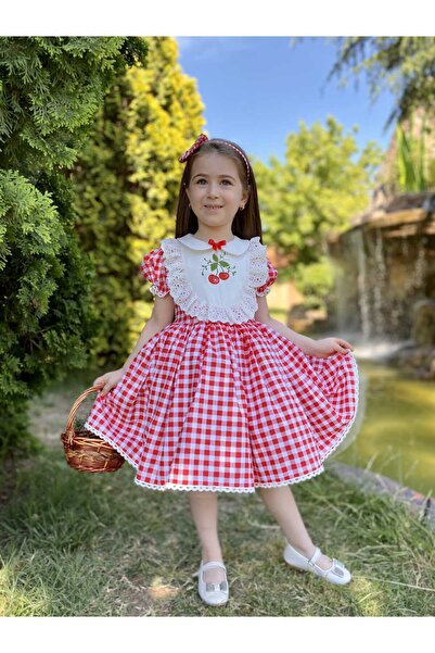 Linarookids Kirazlı Kırmızı Vintage Kız Bebek Elbisesi,Doğum günü,fotoğraf çekim elbise,0-12 Yaş Uygun