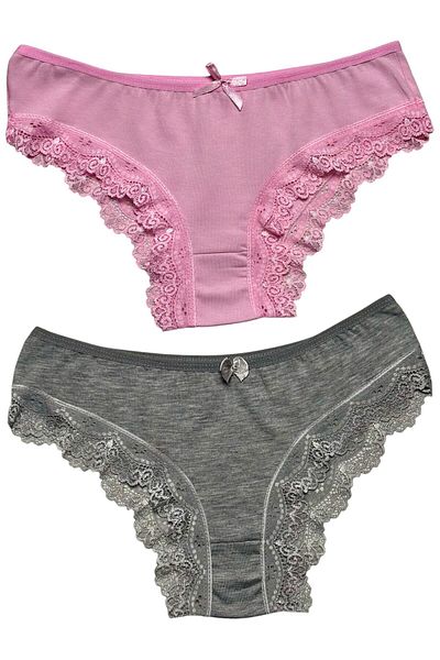Gizli Butik Pachet de 2 chiloți bikini din bumbac cu dantelă pentru femei, roz gri