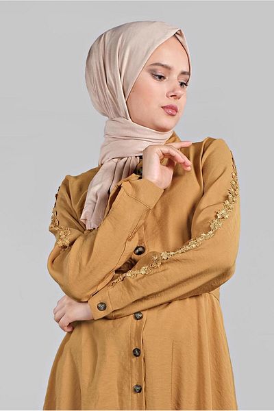 TRENDTESETTÜR Women's Orange (Mustard) Sleeves Guipure Detailed Tunic 4834