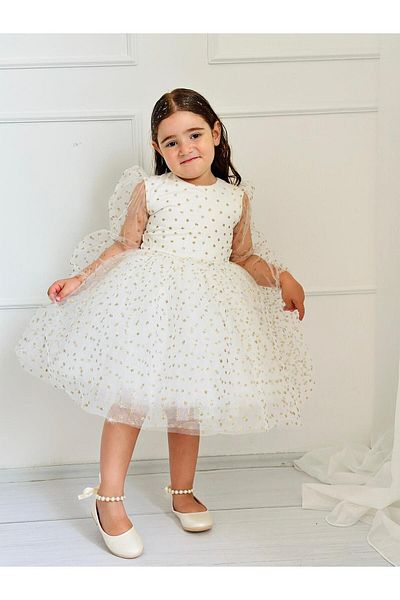 Linarookids Star Glitter Cream Christmas Baby Girl Dress, Birthday, Photo Shoot Dress, Suitable for 0-12 Years Old