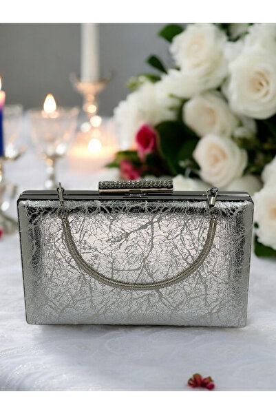 Generic Brand 2026 Trend Silver Gray Lamé Detailed Medium Length Evening Dres...