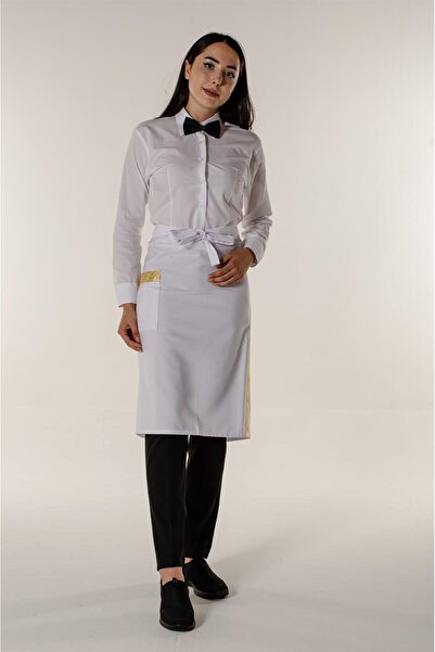 Mert Giyim Beyaz Garson Aşçı ve Mutfak Şef Yarım Bel Önlük Sarı Sim Şeritli