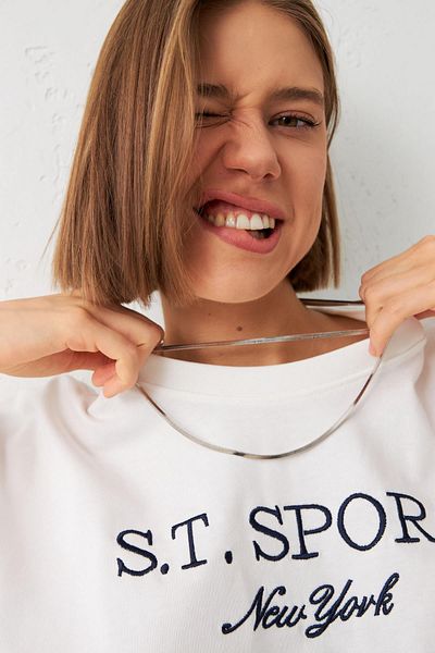 Setre Crew Neck Ecru Cotton T-shirt - Print Detailed